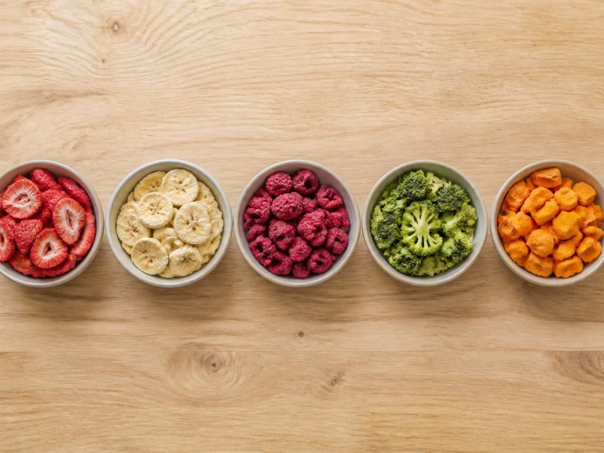 Five small bowls in a row from above, each holding a portion of a different freeze-dried fruit or vegetable
