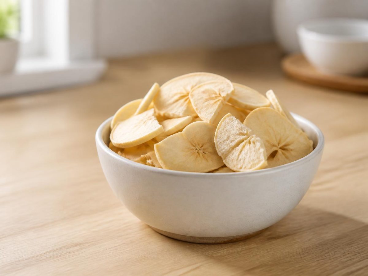 Ivory freeze-dried apple slices stacked loosely in a bowl, one broken to show the airy interior