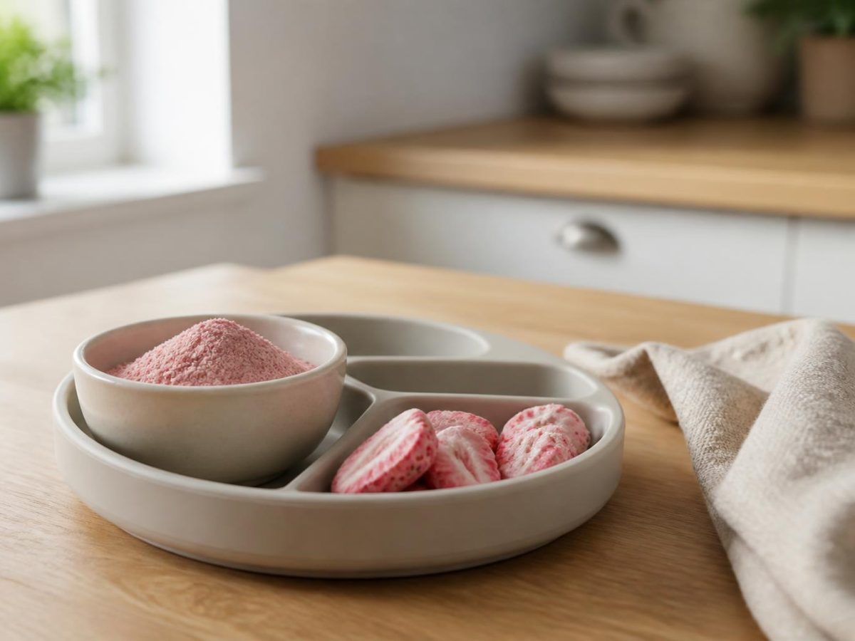 A divided feeding plate holding a bowl of pink strawberry powder and a few soft fruit pieces