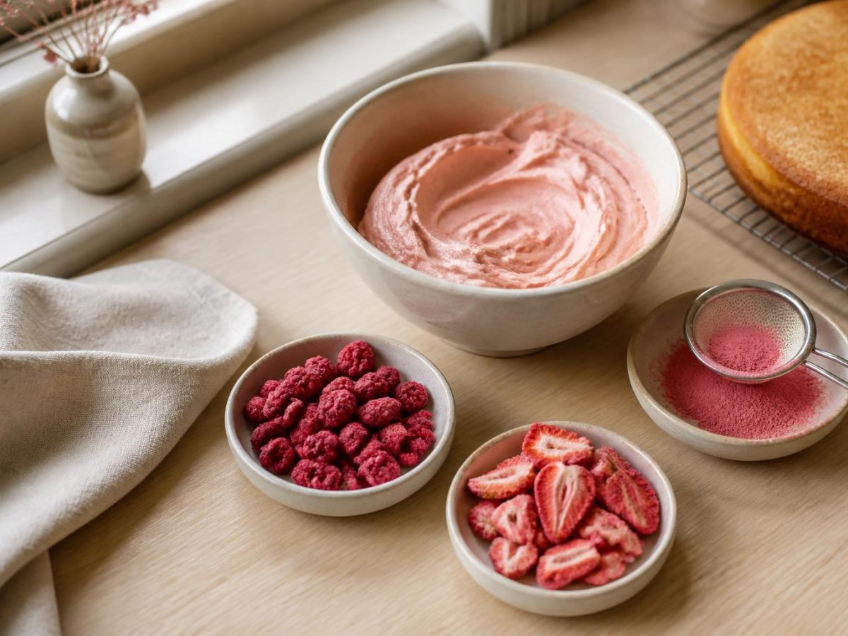 A baking worktop from above with pink buttercream, dishes of freeze-dried fruit, a sieve of powder and a sponge