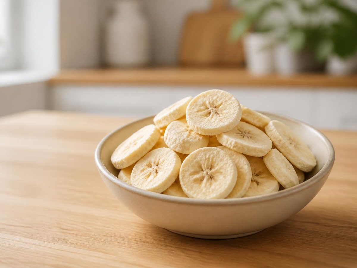 Pale cream freeze-dried banana slices in a small ceramic dish, dry and crisp rather than fried