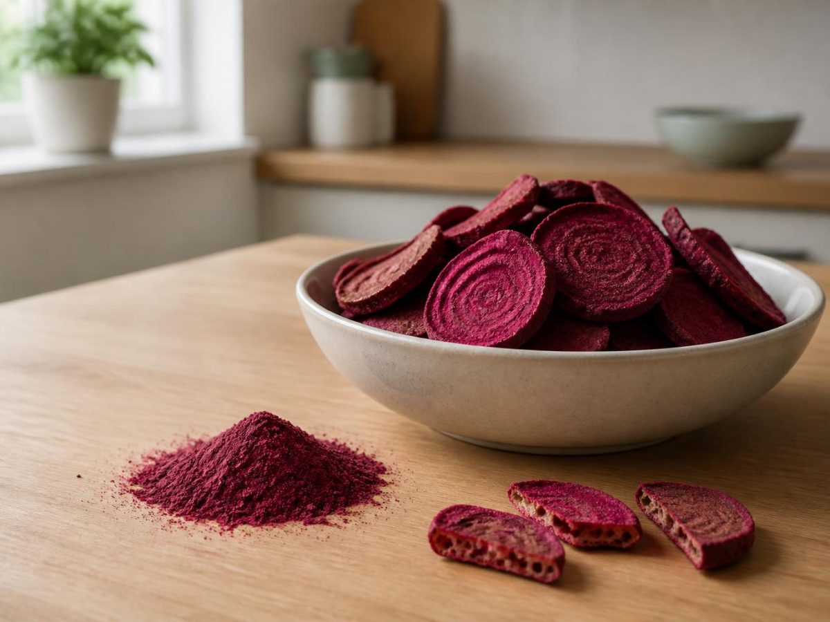 Deep magenta freeze-dried beetroot slices in a pale bowl next to a small heap of beetroot powder