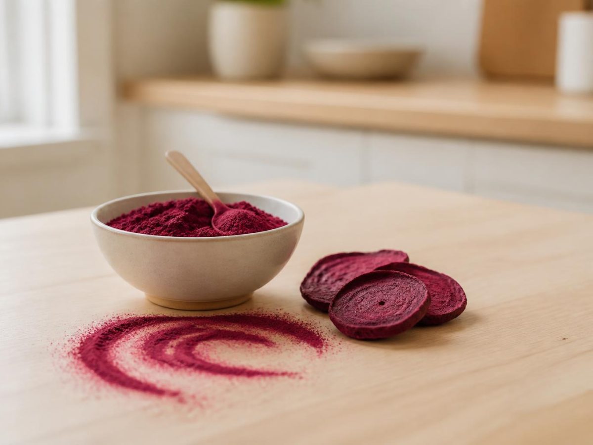 A bowl of deep magenta beetroot powder with a spoon, a swirl of powder and beetroot slices on pale oak