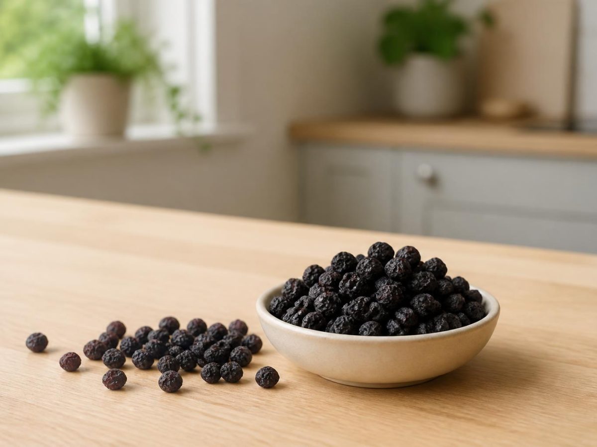 Dark matte freeze-dried blackcurrants in a small dish, with loose berries scattered on pale oak