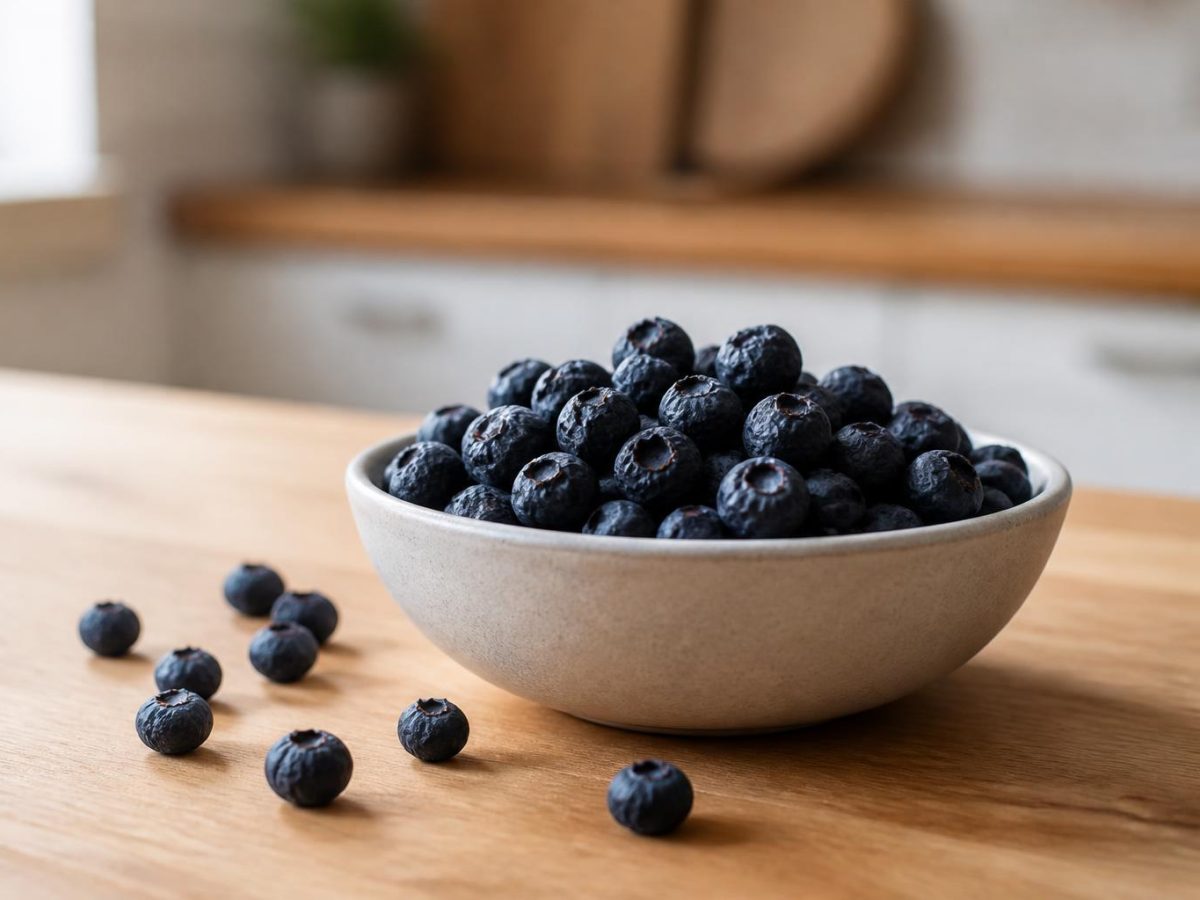 Wrinkled matte freeze-dried blueberries in a small ceramic dish, with a few scattered beside it