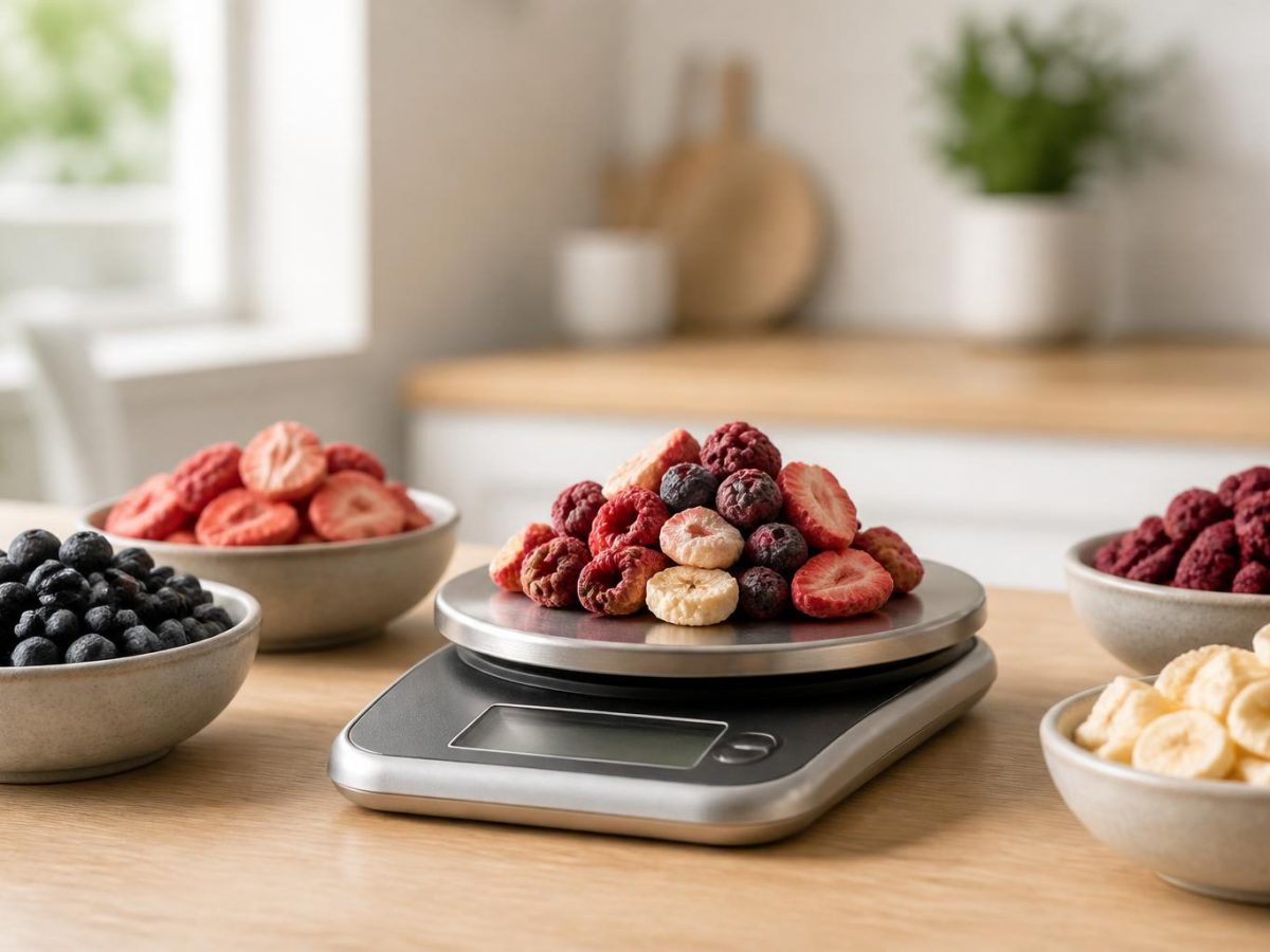 A digital kitchen scale holding a small mound of freeze-dried mixed berries, with more small bowls around it