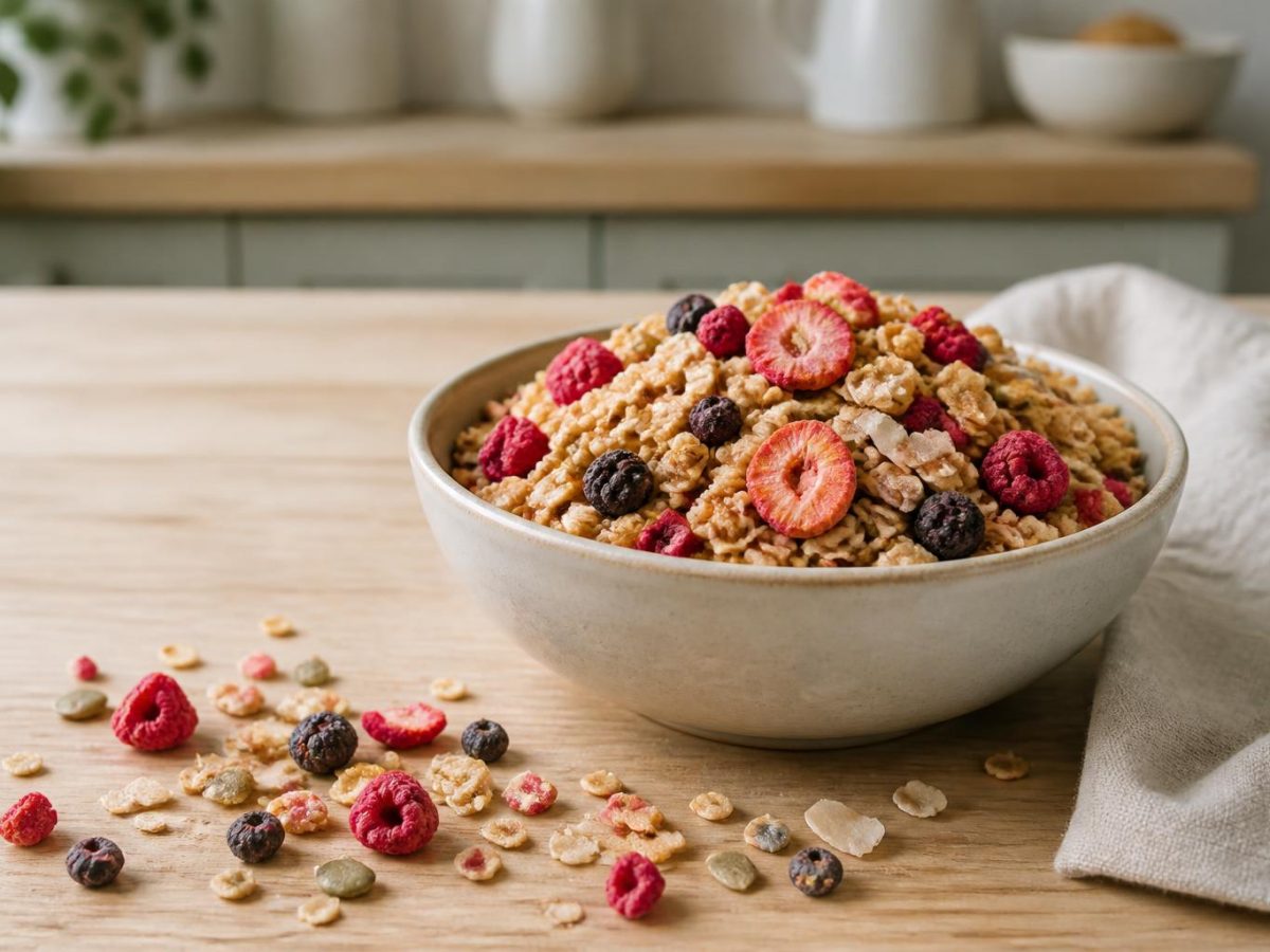 Homemade granola with freeze-dried berries folded through, the berries clearly crisp among the oats