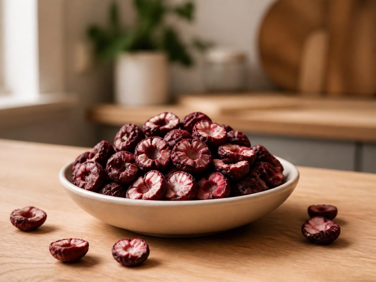 Halved freeze-dried cherries with pale dry centres in a shallow bowl, a few scattered around it