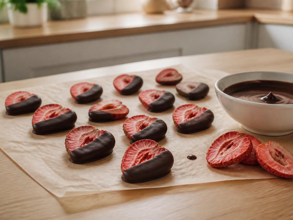 Freeze-dried strawberry slices half dipped in dark chocolate on baking paper, with a bowl of melted chocolate