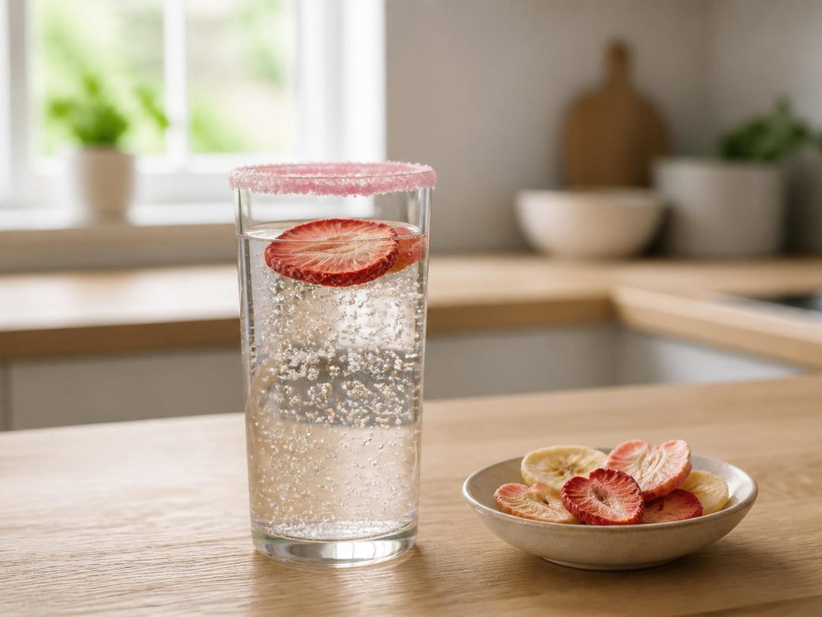 A tall glass of sparkling drink with a freeze-dried strawberry slice floating on top and a pink sugar rim