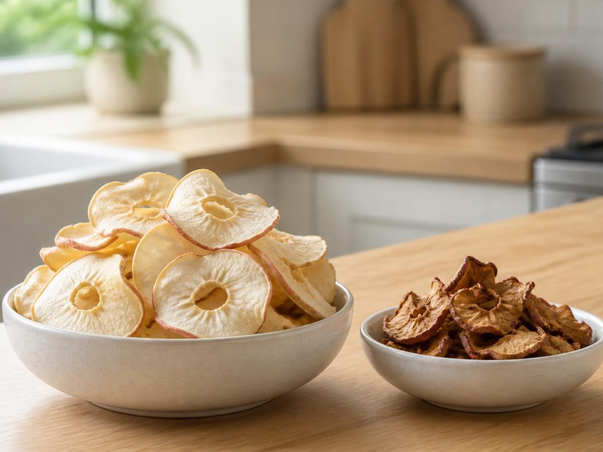 Pale crisp freeze-dried apple rings in one bowl beside dark shrunken dehydrated apple in another
