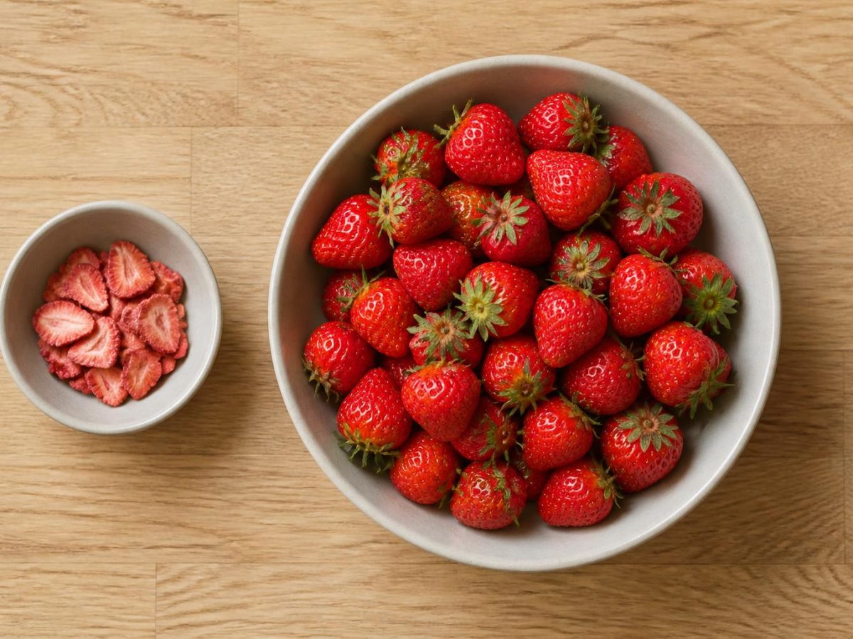 A kitchen scale holding a small pile of freeze-dried strawberry slices beside a much larger bowl of fresh strawberries