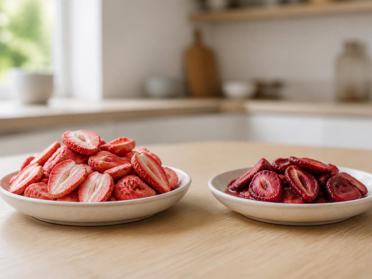 Crisp bright freeze-dried strawberry slices beside limp darker slices that have softened