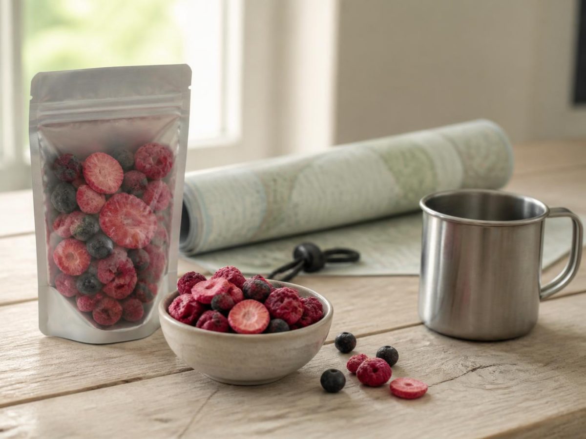 A resealable pouch of freeze-dried berries beside a rolled map and a metal camping mug on weathered wood
