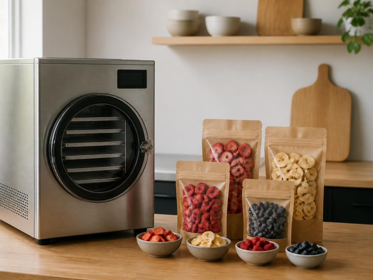 A benchtop freeze dryer at one end of a worktop and several plain pouches of ready-made freeze-dried fruit at the other