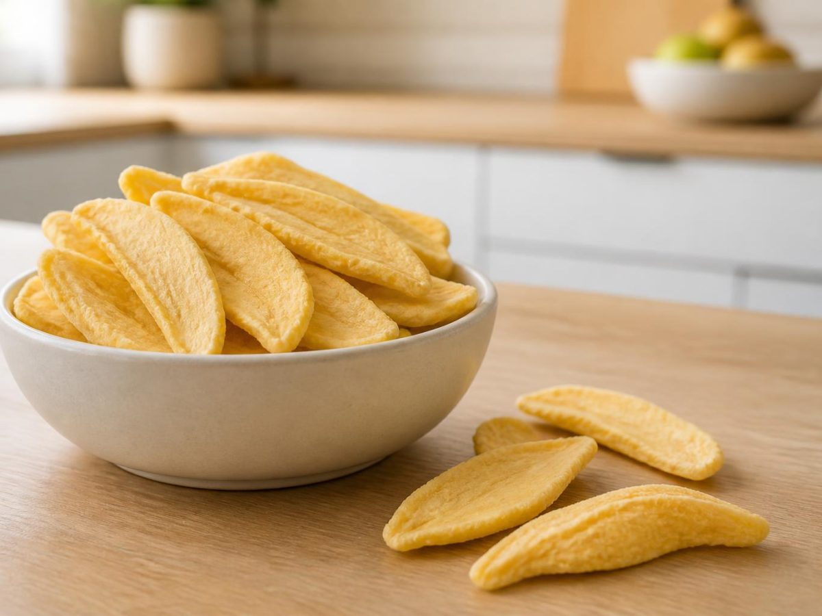 Crisp golden freeze-dried mango slices fanned in a pale bowl, with loose pieces on the worktop