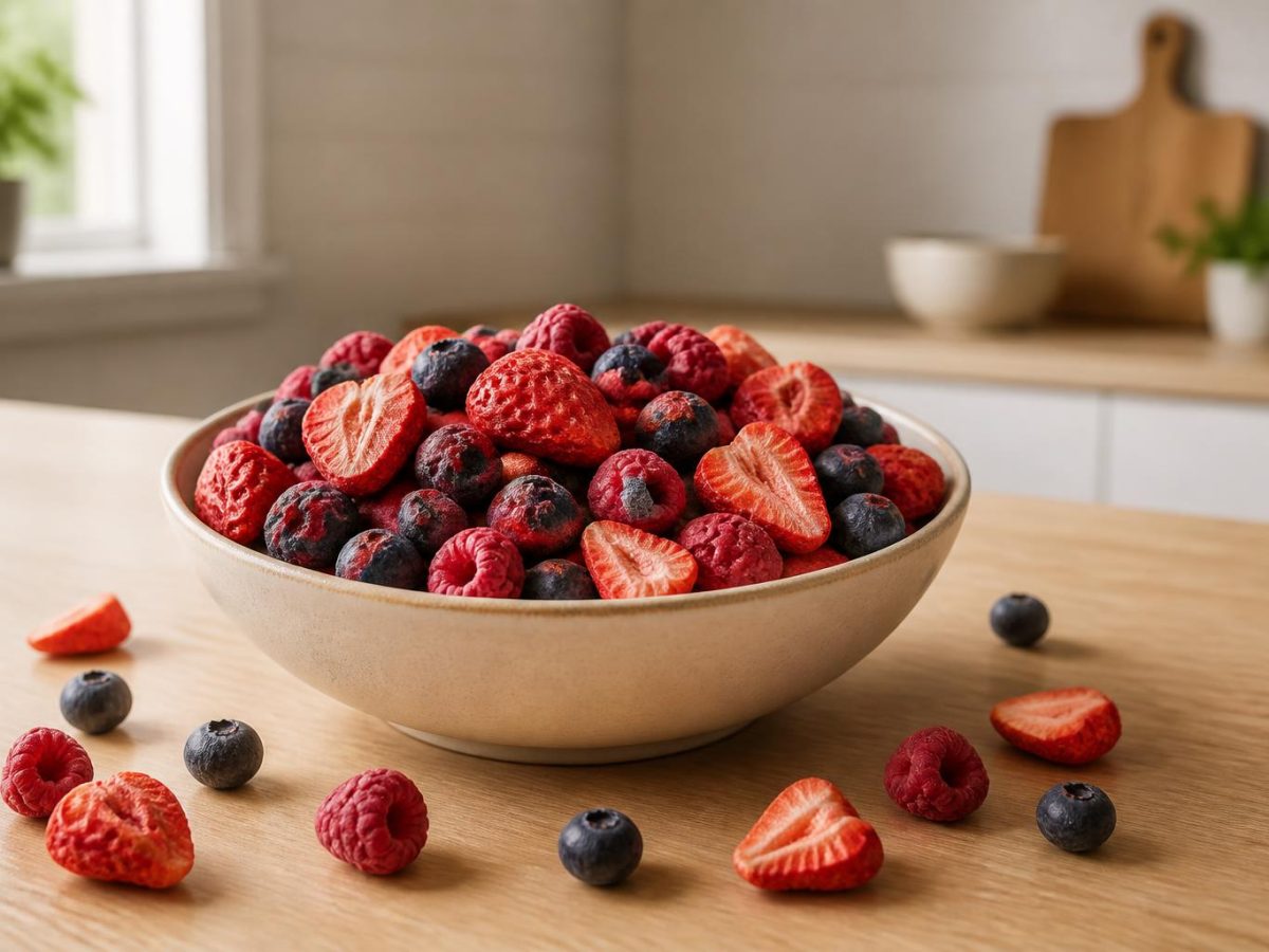 A bowl of freeze-dried strawberries, raspberries and blueberries together, each colour clearly distinct