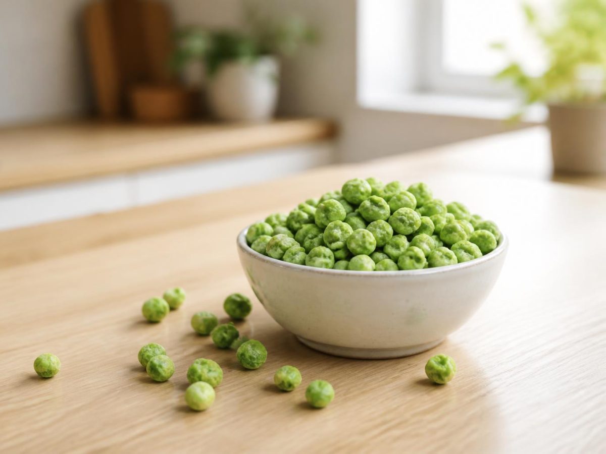 Bright green matte freeze-dried garden peas in a small ceramic bowl, with loose peas on the worktop