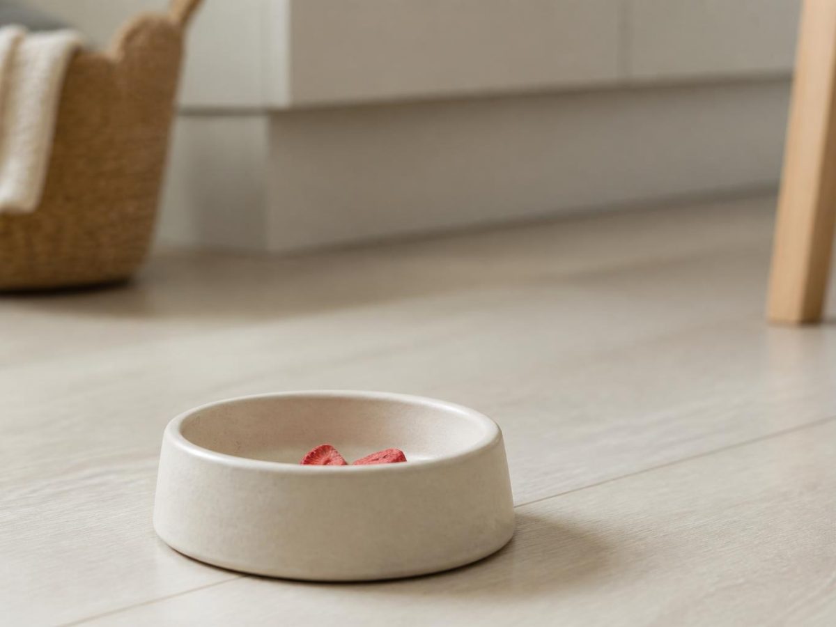 A small ceramic dog bowl on a pale kitchen floor holding two or three tiny pieces of freeze-dried strawberry