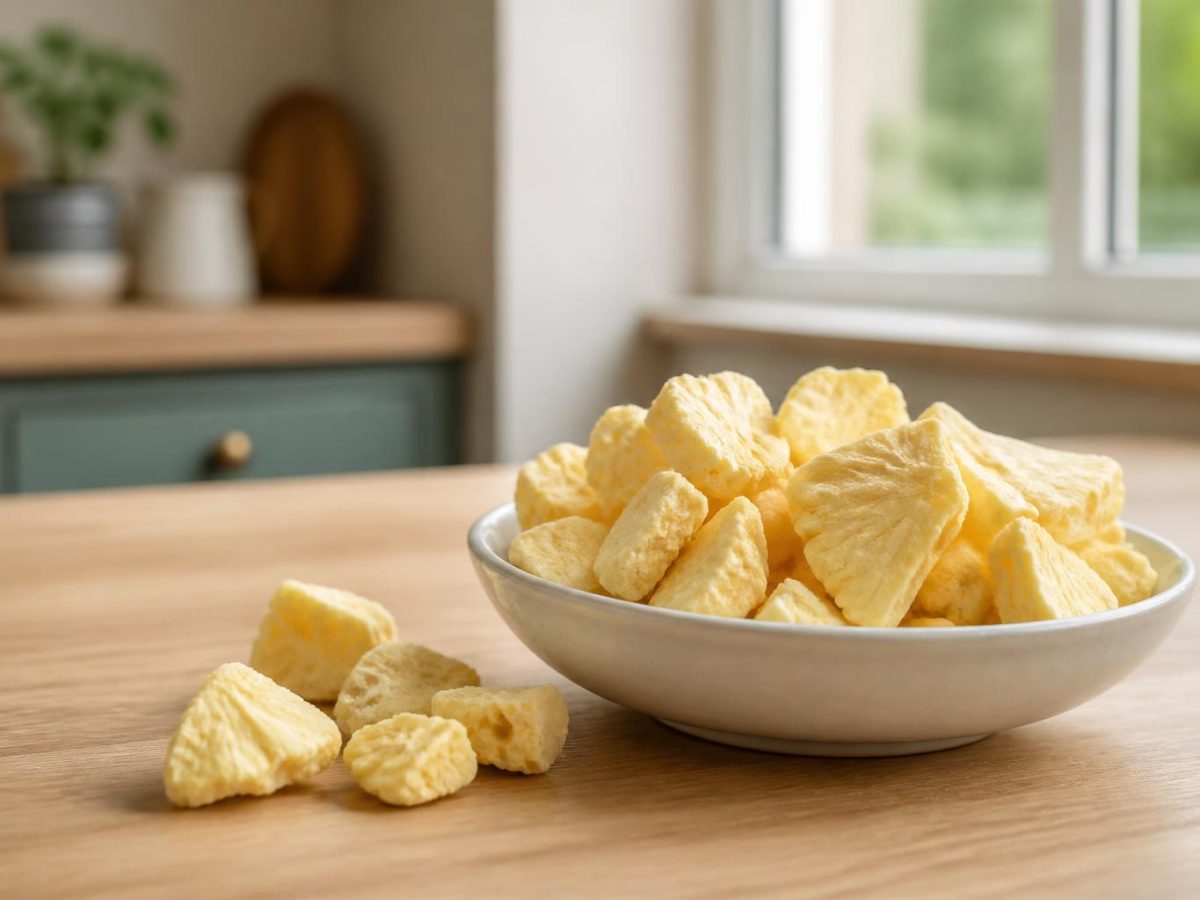 Pale yellow freeze-dried pineapple chunks in a small dish, with a few pieces scattered beside