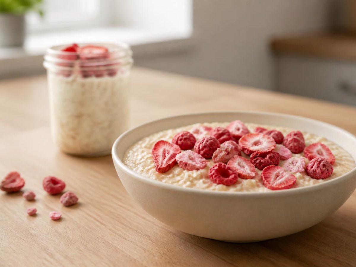 A bowl of porridge topped with crisp freeze-dried strawberry and raspberry pieces, a jar of oats behind