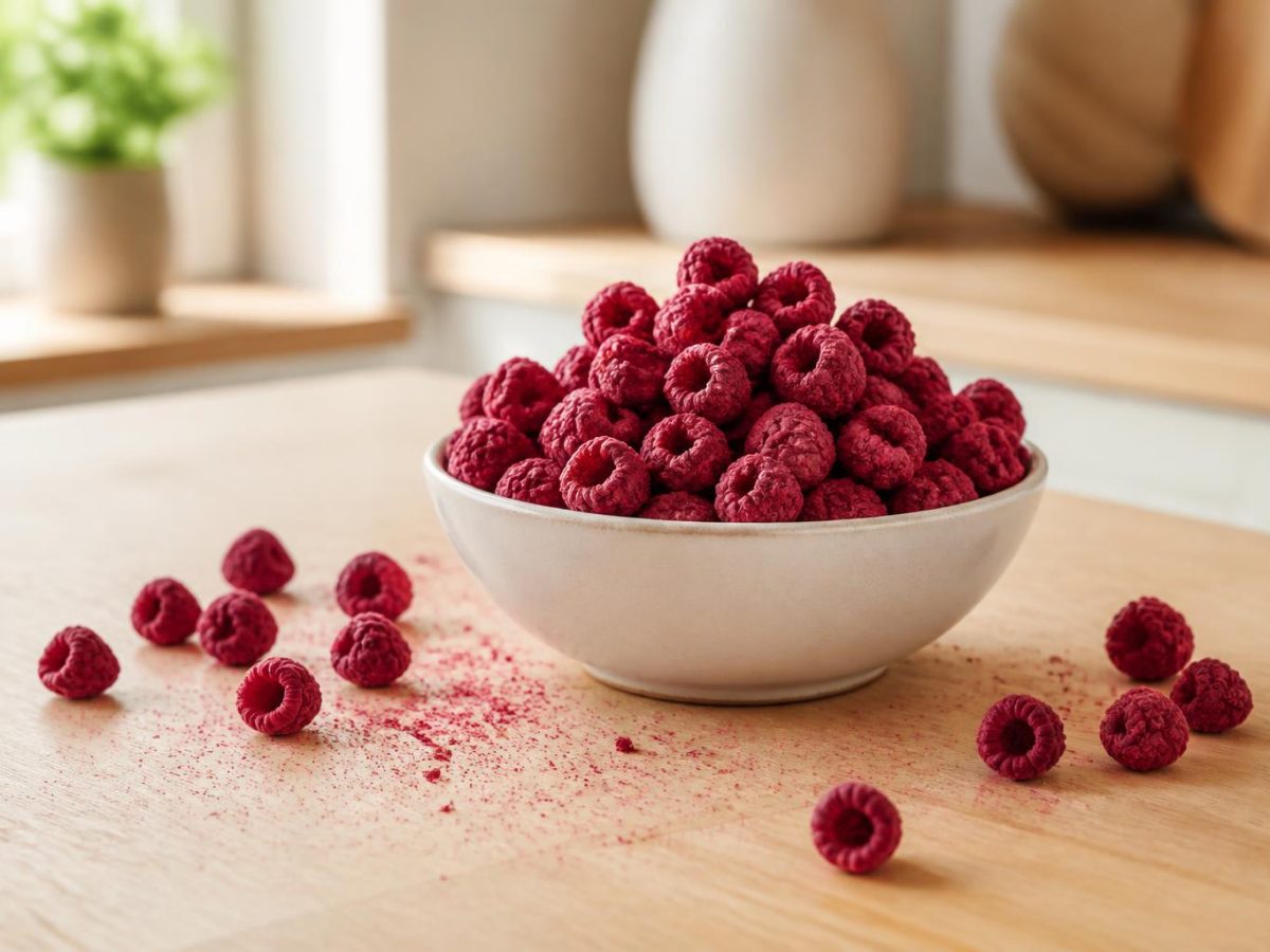 Whole hollow freeze-dried raspberries heaped in a small pale bowl, with crushed raspberry dusted on the worktop