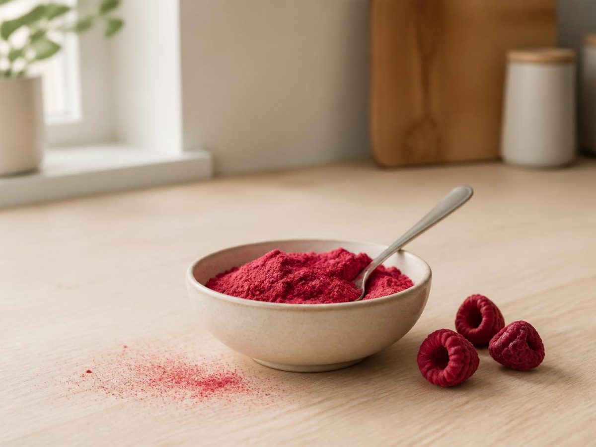 A bowl of vivid crimson raspberry powder with a spoon resting in it, whole freeze-dried raspberries alongside