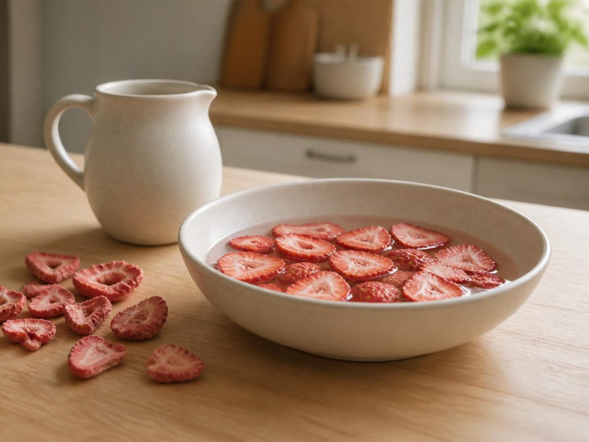 Freeze-dried strawberry slices softening in a shallow bowl of water, with dry pieces still on the worktop