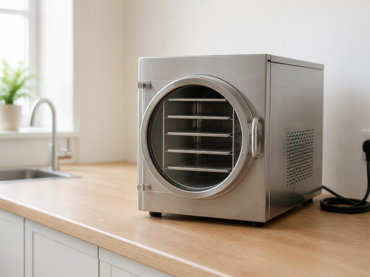 A stainless steel benchtop freeze dryer on a worktop with a domestic electricity meter and a notepad beside it