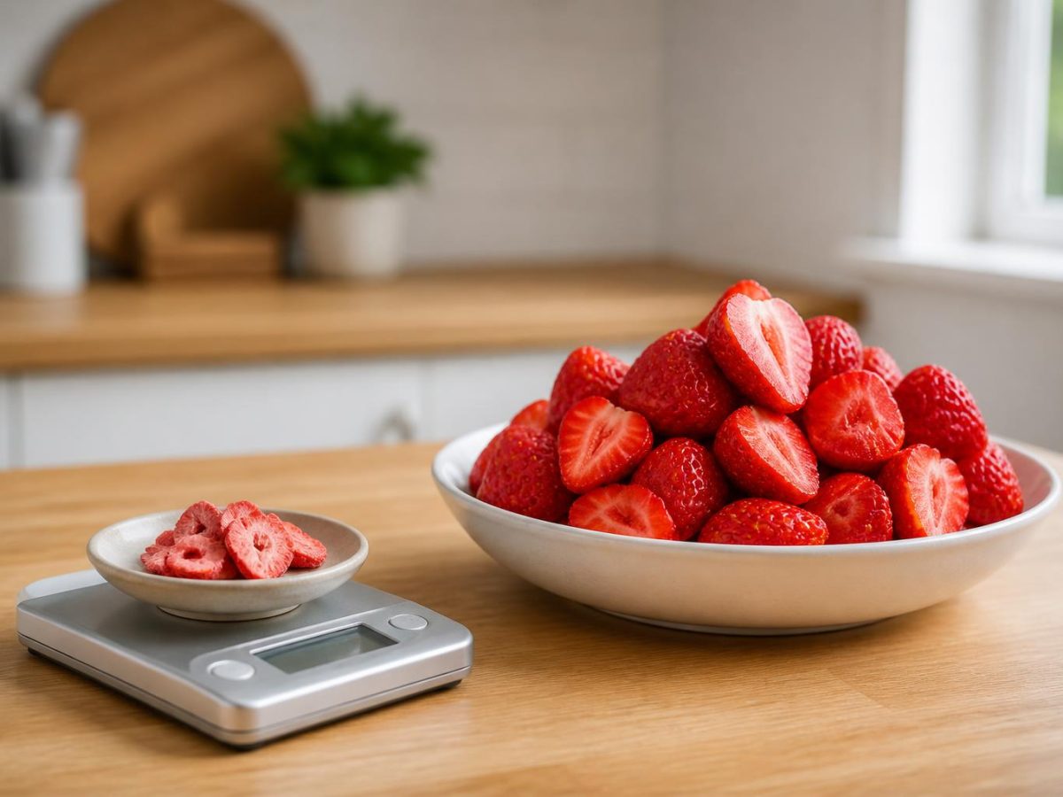 A kitchen scale holding a small portion of freeze-dried strawberry slices beside the far larger fresh equivalent