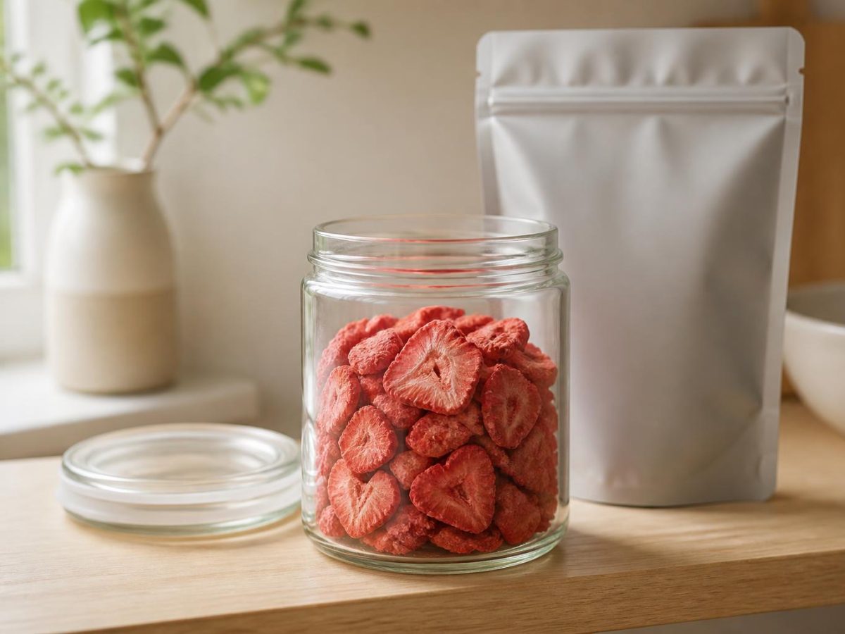 An airtight glass jar of freeze-dried strawberry slices with its lid beside it, a resealed foil pouch behind