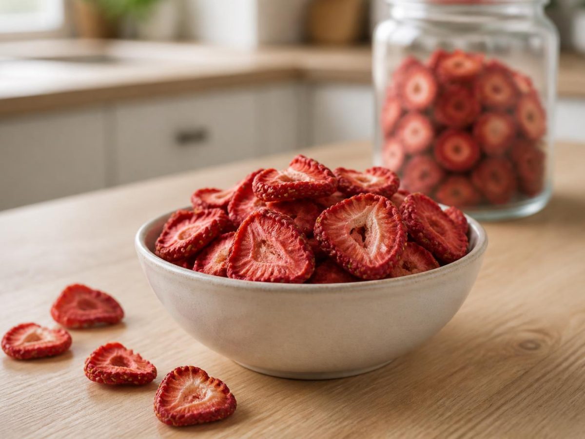 A ceramic bowl of dry scarlet freeze-dried strawberry slices, with loose slices and a glass jar on a pale oak worktop
