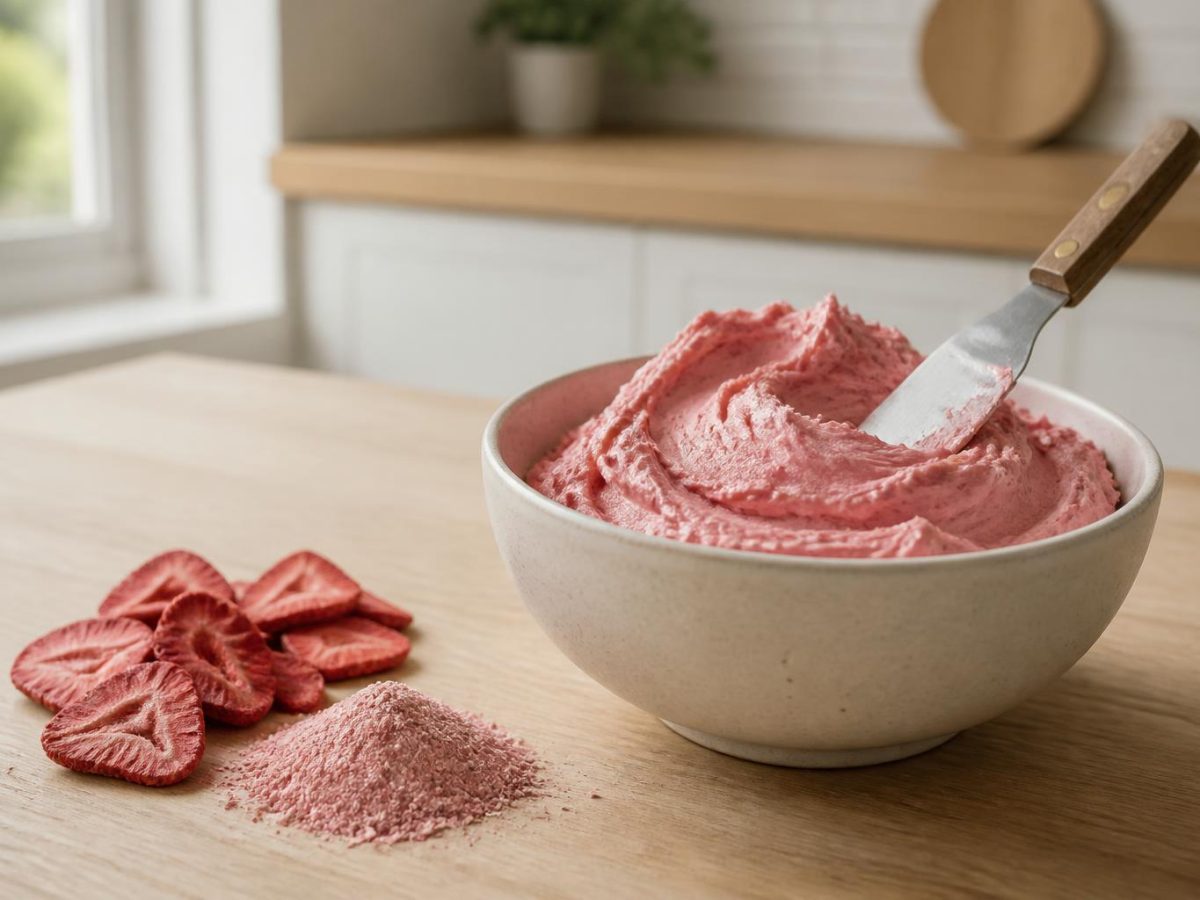 Soft pink strawberry buttercream in a bowl with a palette knife, freeze-dried slices and powder beside it