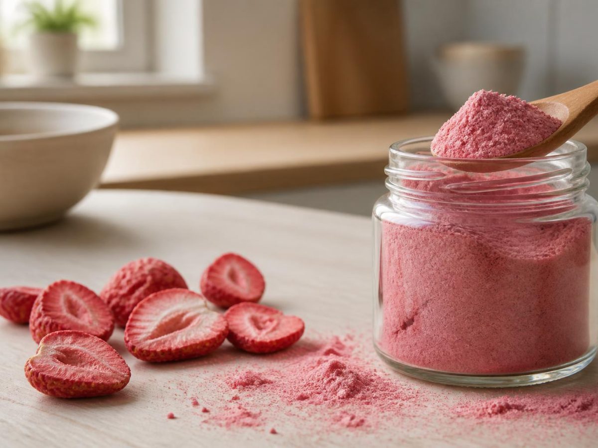 A glass jar of bright pink strawberry powder with a wooden spoonful lifted out, powder dusted on the worktop