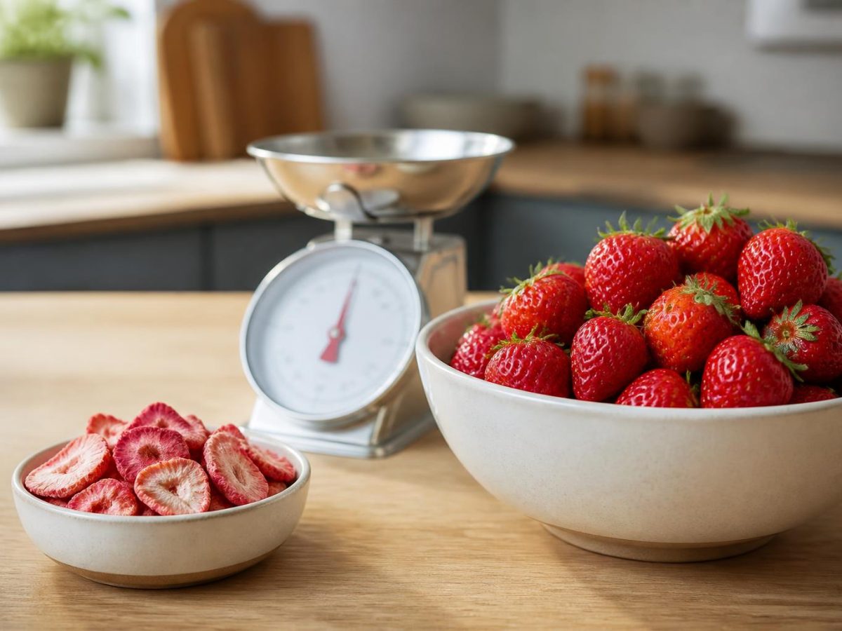A small bowl of freeze-dried strawberry slices and a much larger bowl of fresh strawberries with a scale between