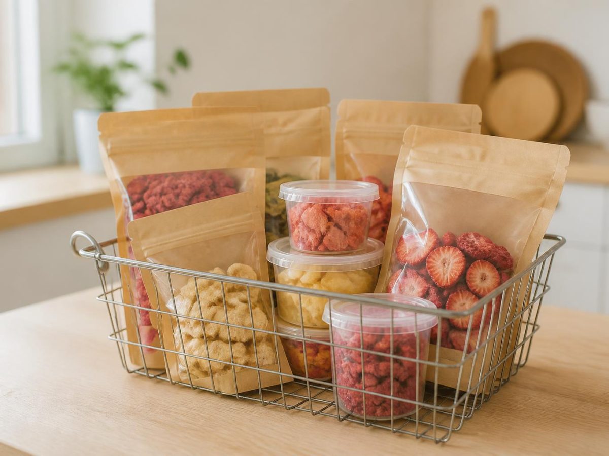 A wire shopping basket holding plain unlabelled pouches and tubs of freeze-dried fruit