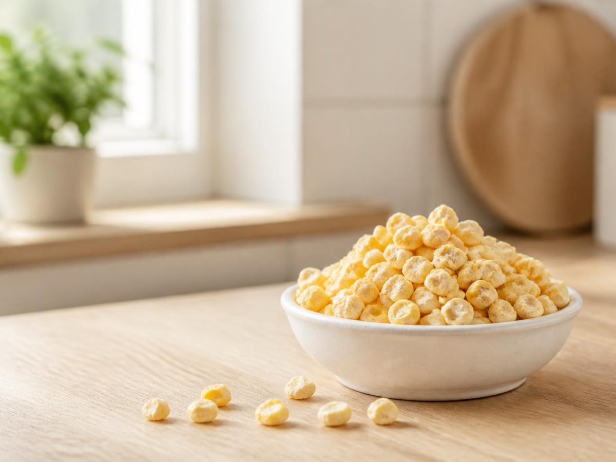 Pale golden freeze-dried sweetcorn kernels in a small dish, a few kernels scattered beside it