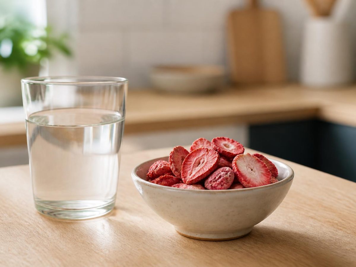 A glass of water beside a small bowl of freeze-dried strawberry slices on a pale oak worktop