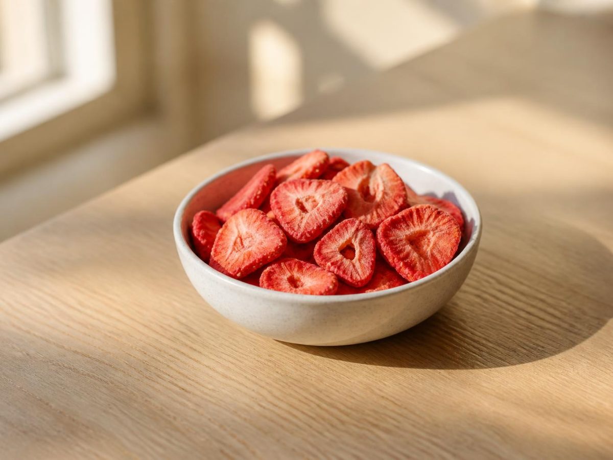 A single small bowl of freeze-dried strawberry slices alone on a pale oak worktop in strong daylight