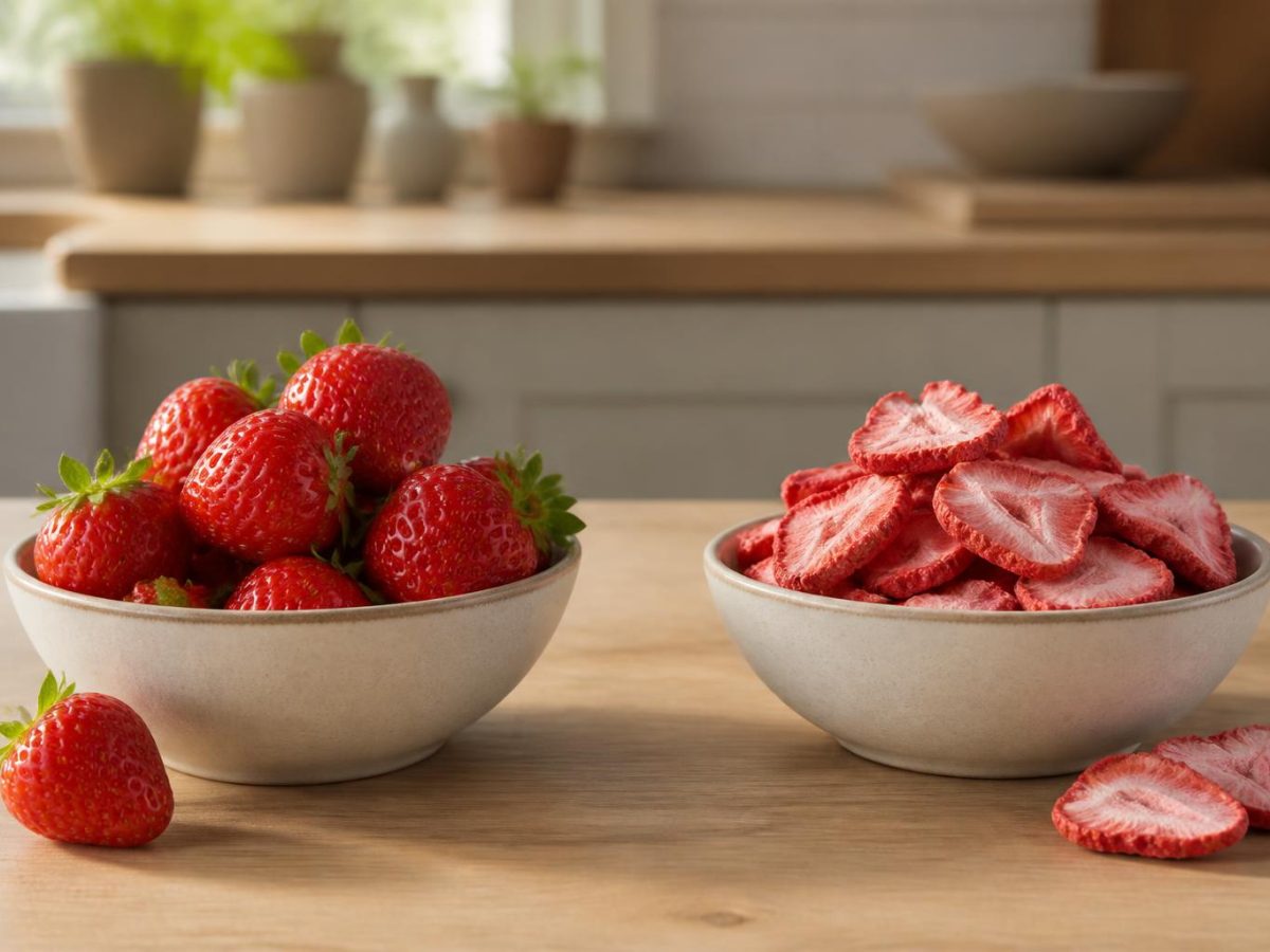 Fresh ripe strawberries on one side of a worktop and matte crisp freeze-dried slices of the same fruit on the other