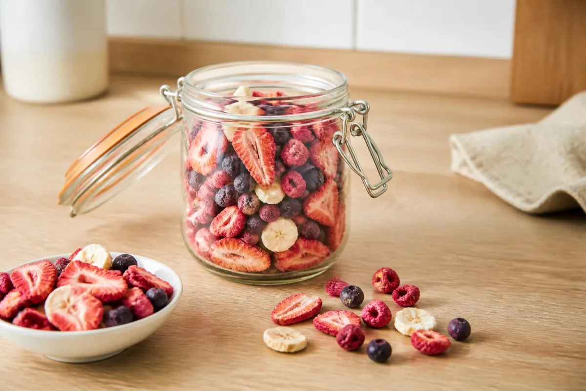Illustration accompanying How to keep freeze-dried fruit crisp in a shared office jar