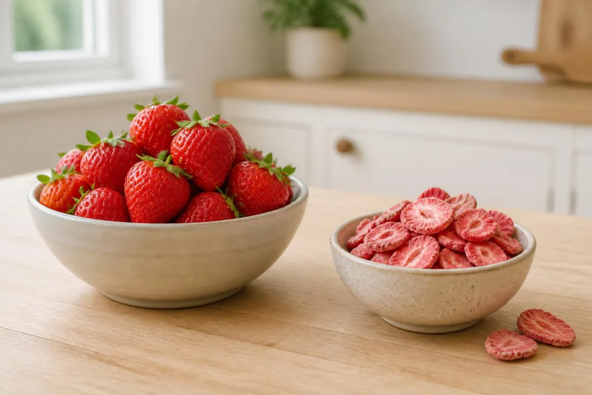 A pile of vibrant freeze-dried strawberry slices sits next to a single plump, fresh strawberry on a white surface