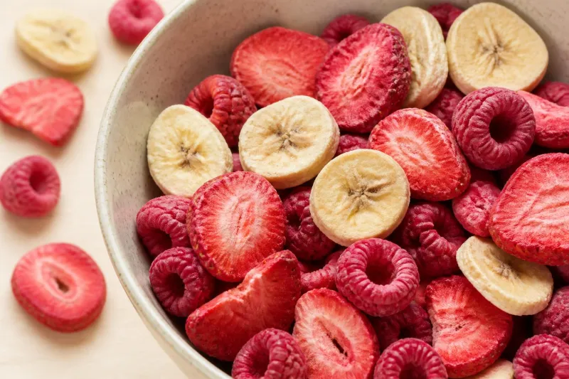 A colorful assortment of freeze-dried strawberries, raspberries, and mango slices scattered on a white surface