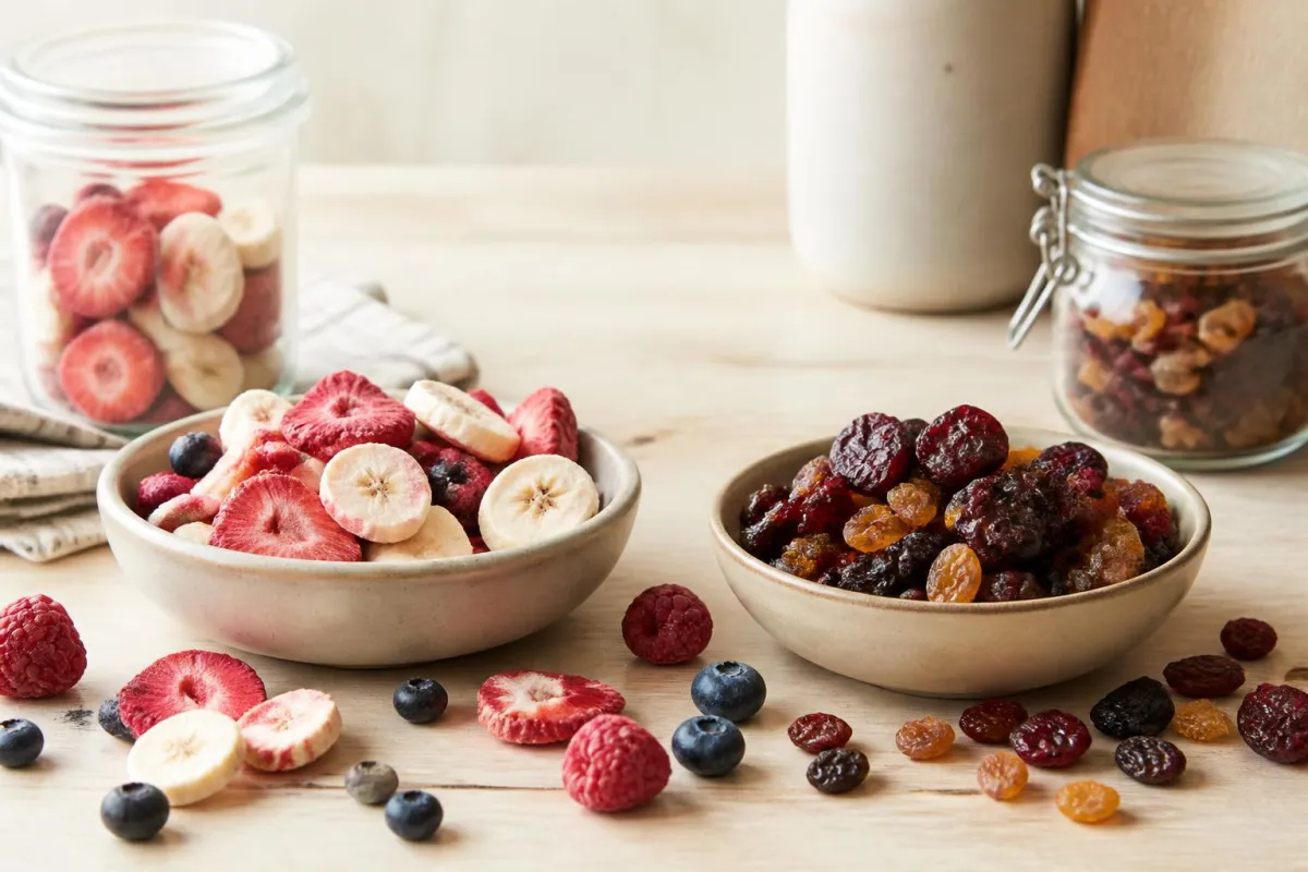 A glass bowl filled with crisp freeze-dried strawberries sits beside a wooden tray of chewy dried apple slices