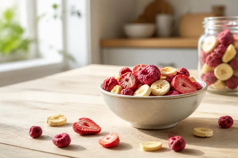 A variety of colorful freeze-dried fruit slices arranged in a white ceramic bowl on a wooden surface