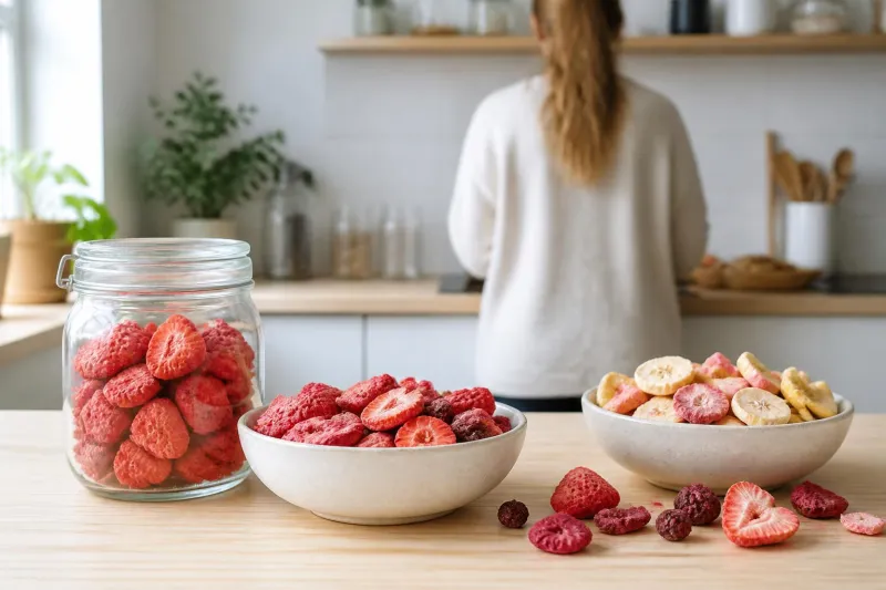 Brightly colored freeze-dried strawberries and raspberries arranged in glass bowls on a wooden table